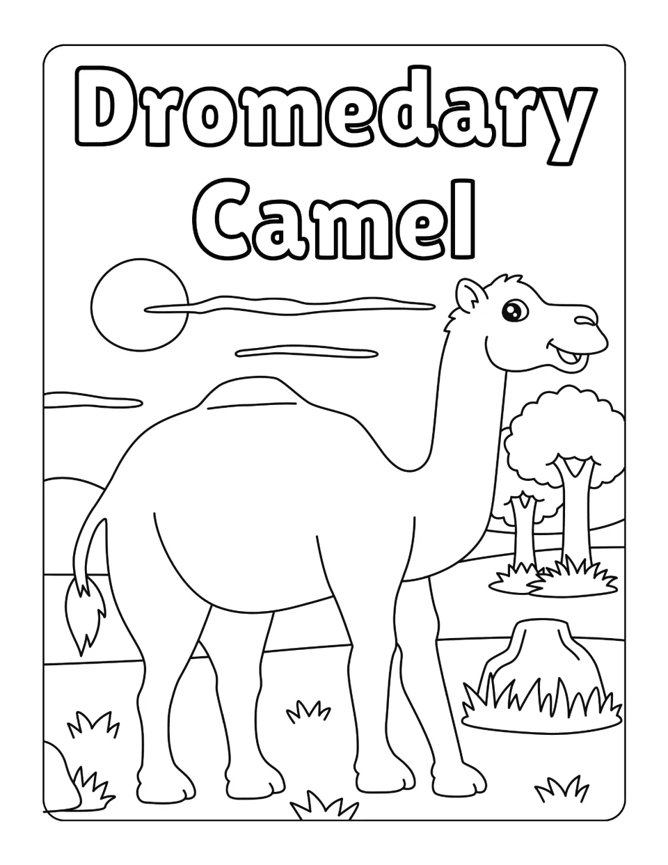 Dromedary camel scene: students colour a one-humped camel beside trees, grass tufts, a rock and the sun in the sky