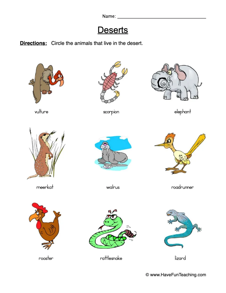 Deserts habitat: students circle the animals that live in the desert from nine labeled pictures, such as vulture and lizard