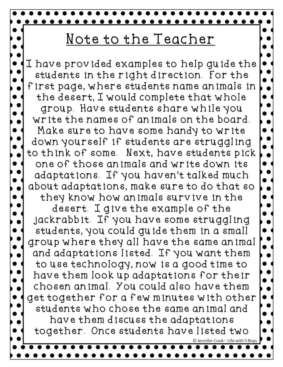 Teacher guidance for brainstorming desert animals, choosing one animal, and identifying its adaptations