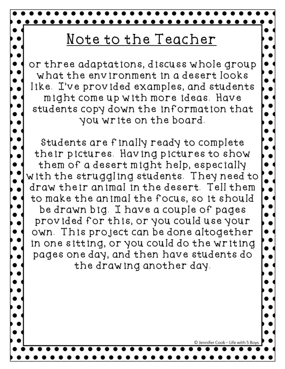 Teacher guidance for discussing desert features and drawing a chosen animal, with options for project timing