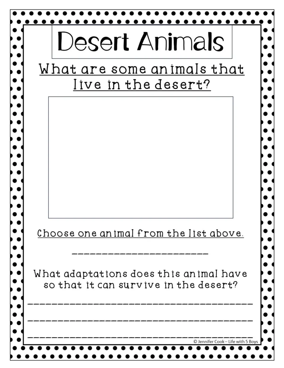 Animal brainstorm sheet asks students to list desert animals, choose one, and explain its survival adaptations