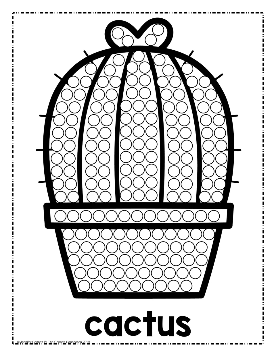 Cactus in a pot, labeled cactus: children fill each circle on the plant and pot with a dauber dot for fine motor work