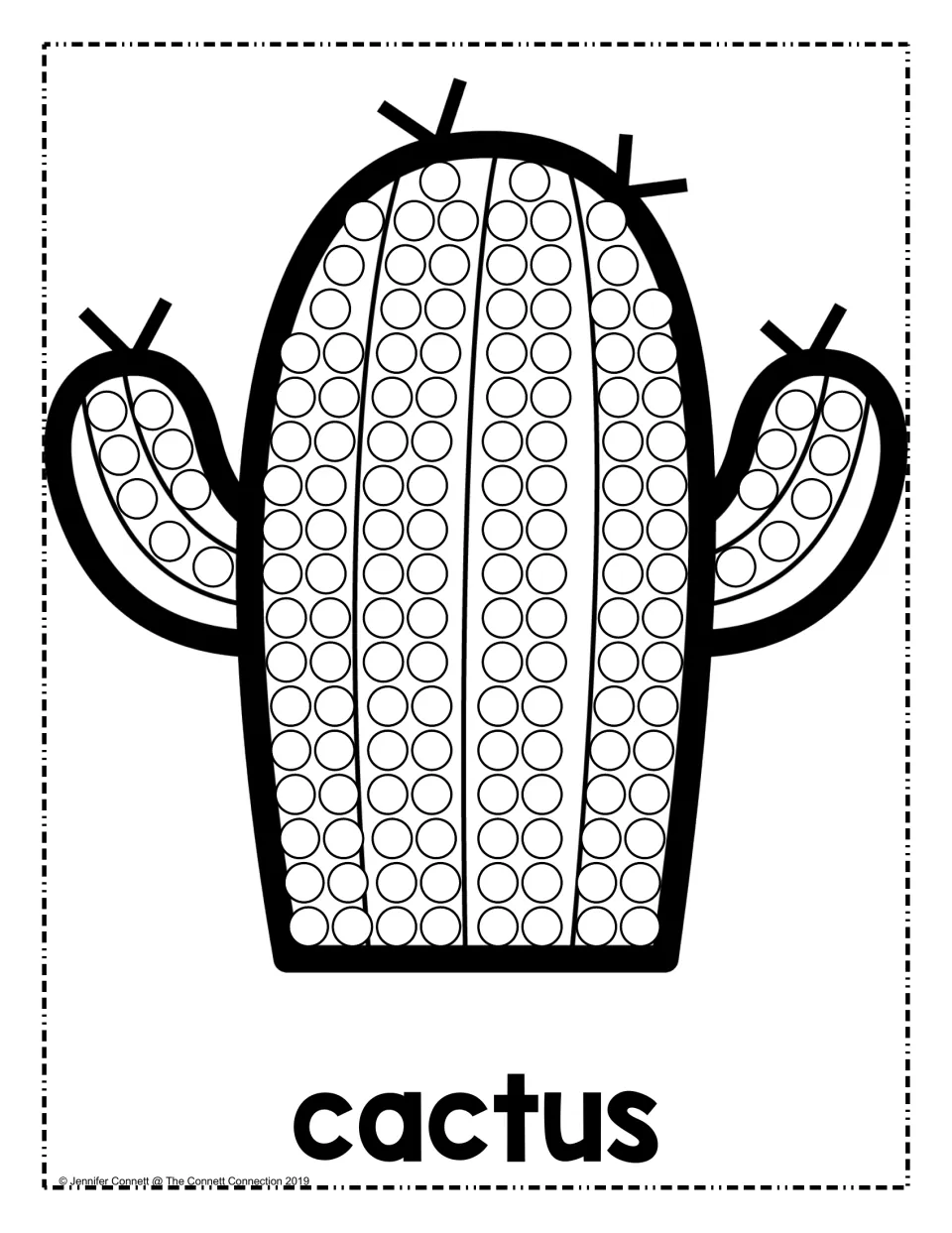 Tall cactus with two arms and spines, labeled cactus: students stamp a dot in every circle to practise hand control