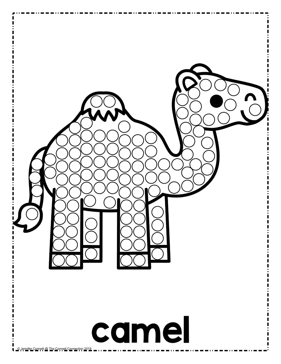 Camel with one hump, labeled camel: children press a marker dot into each circle on its body, legs, tail and head