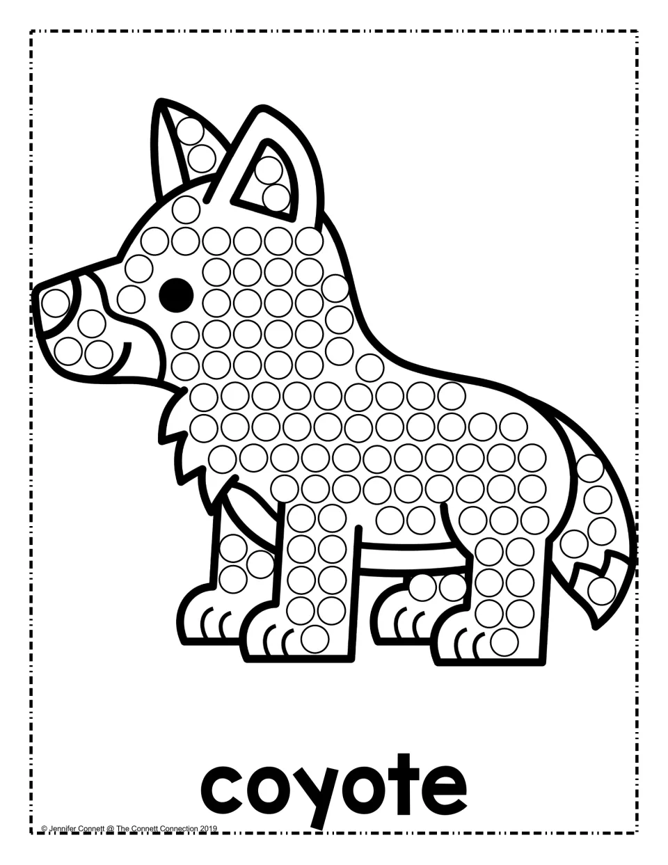 Coyote standing in profile, labeled coyote: students dab a dot inside each circle on its body, ears and bushy tail