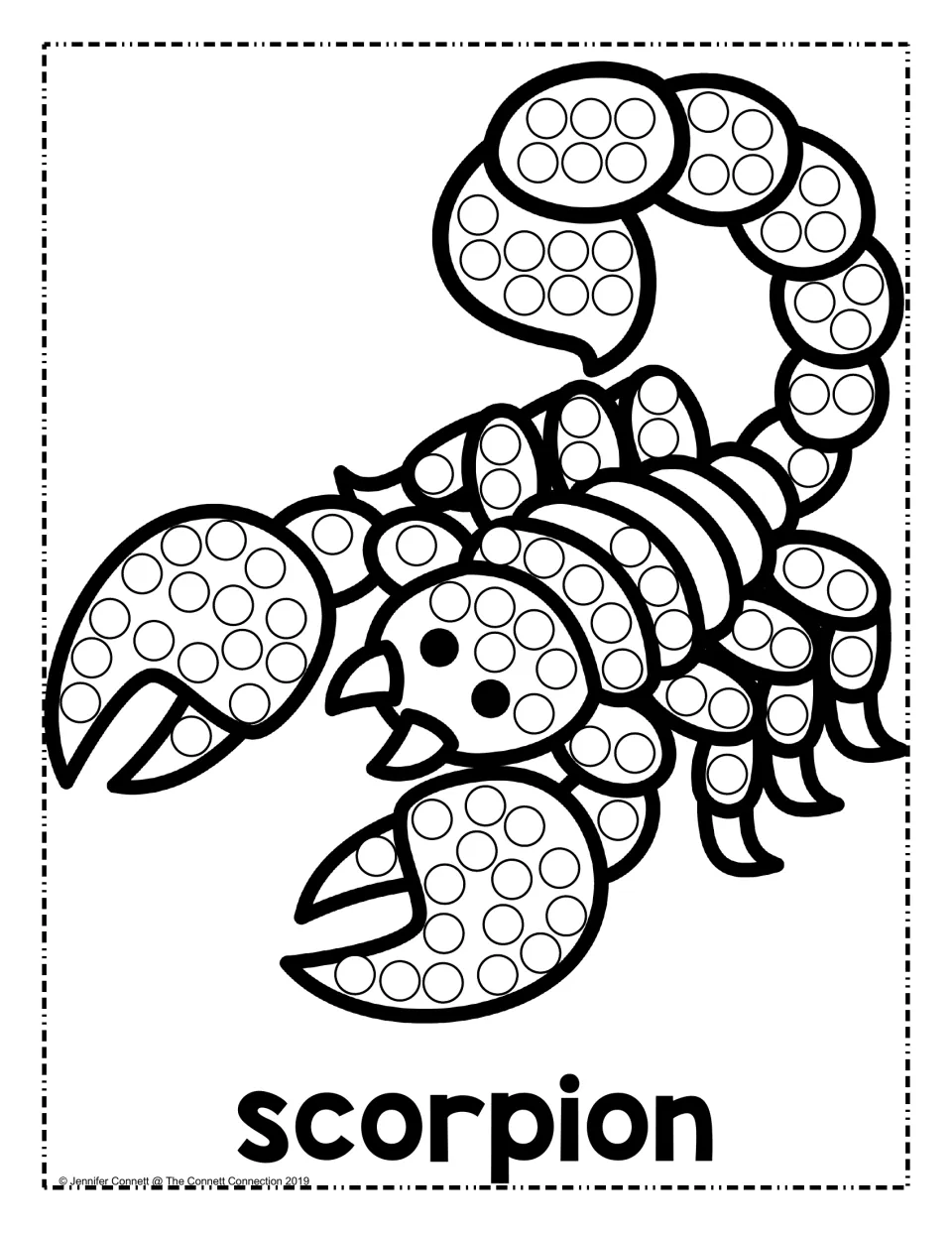 Scorpion with raised curled tail and pincers, labeled scorpion: children dot each circle inside its claws and segments