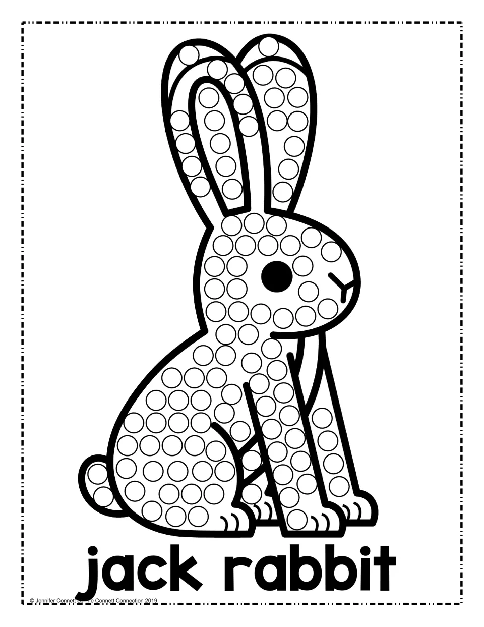 Jack rabbit sitting with long upright ears, labeled jack rabbit: students fill every circle with a dot for hand control