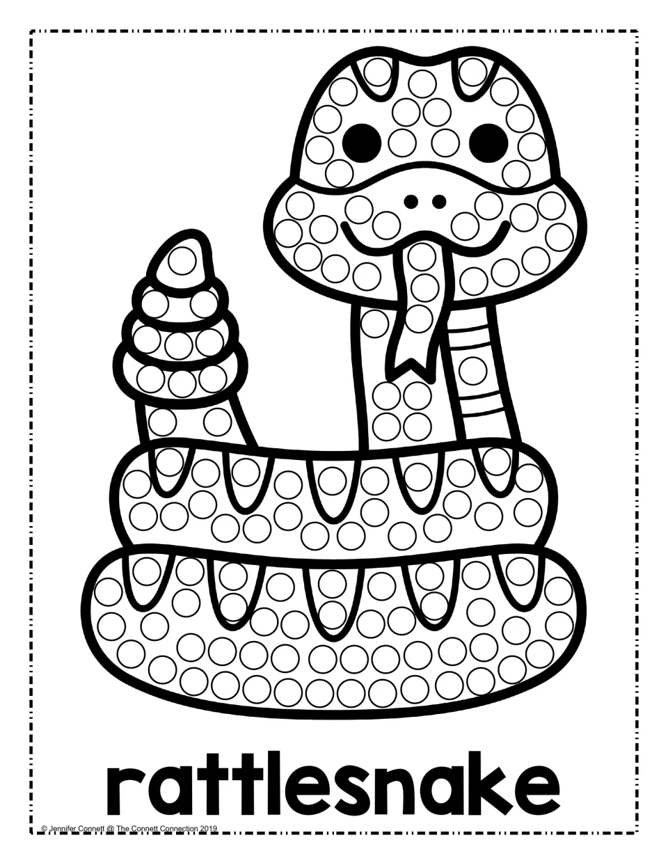 Coiled rattlesnake with rattle raised, labeled rattlesnake: children stamp a dot in each circle on its coils