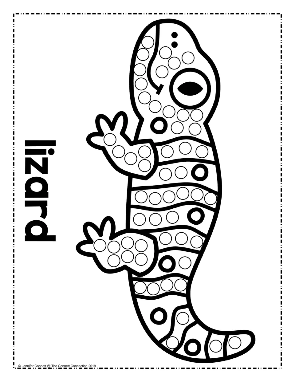 Striped lizard climbing upward, labeled lizard sideways: children place a dot in each circle on its feet and body bands