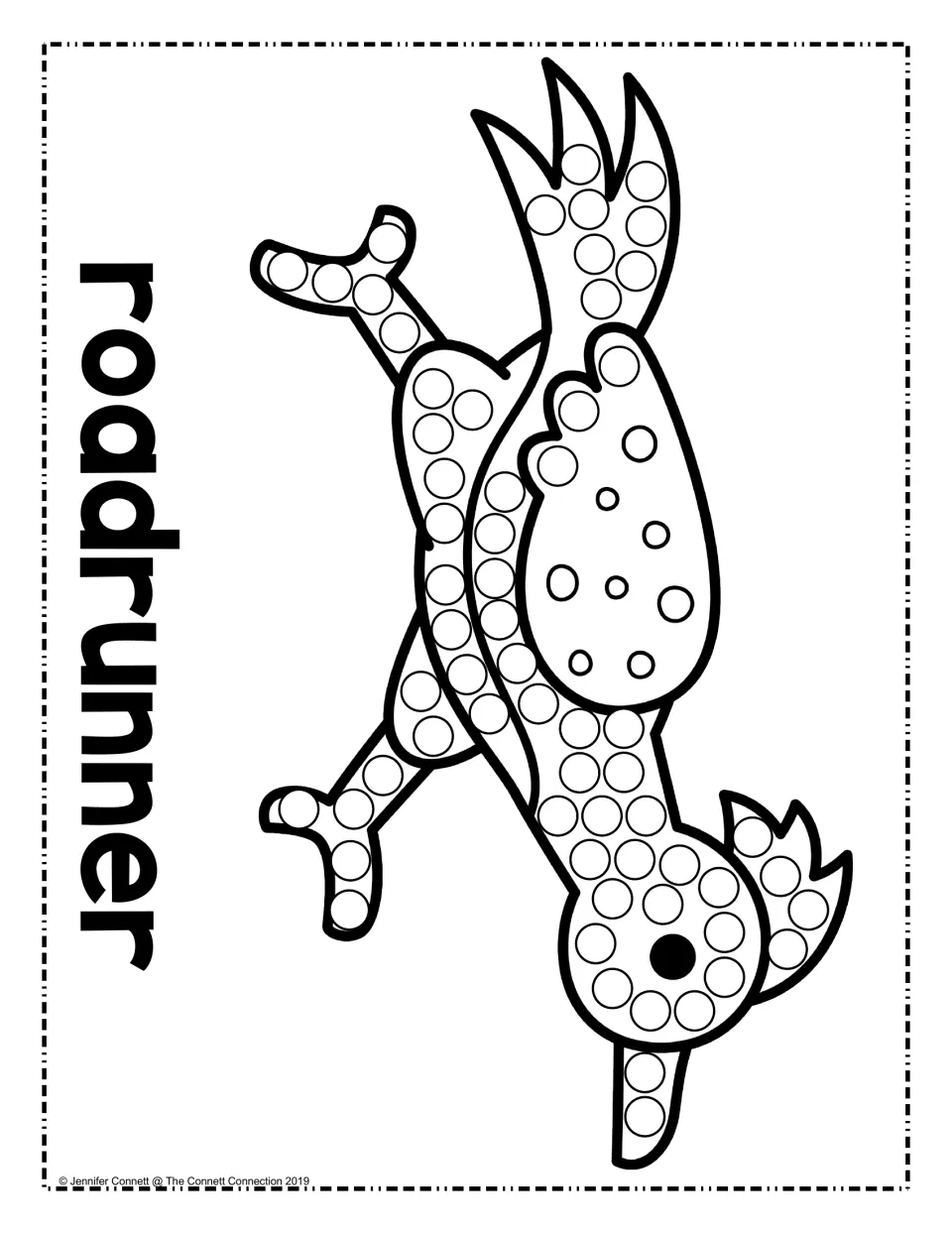 Running roadrunner with crest and tail feathers, labeled roadrunner sideways: students dab a dot in each of its circles