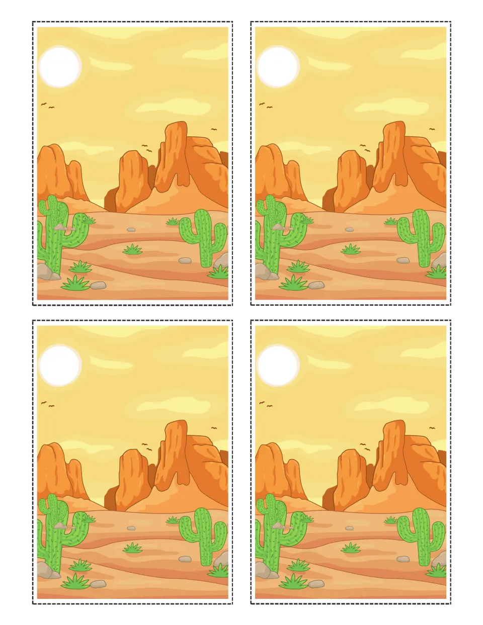Four matching desert scene cards with cacti, sand and rock formations for the flashlight hidden-picture activity
