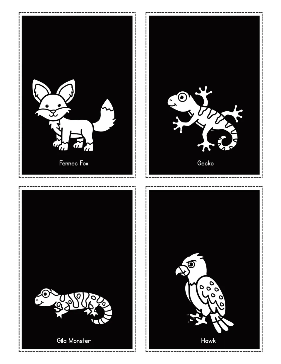Desert animal flashlight cards labeled Fennec Fox, Gecko, Gila Monster and Hawk, each with an animal picture