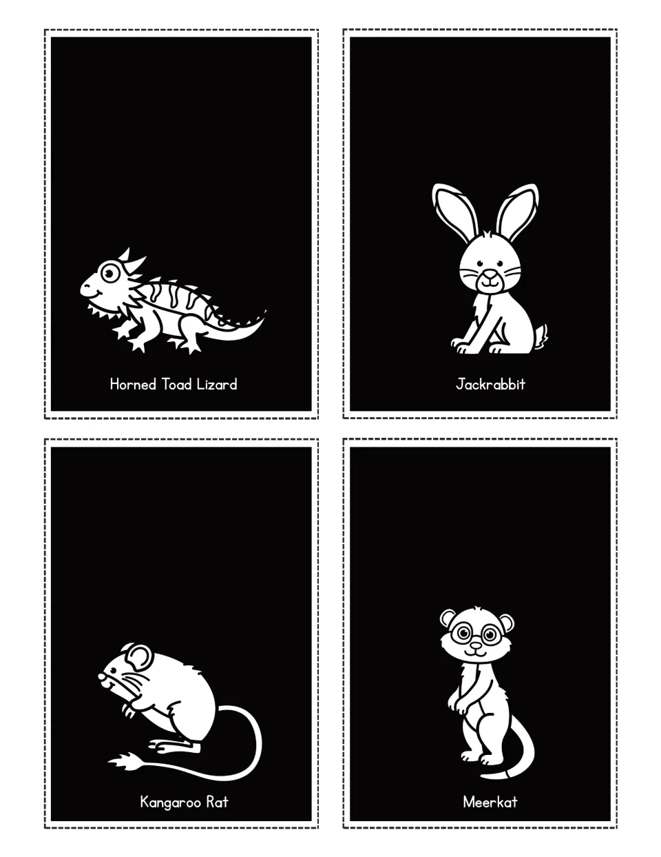 Desert animal flashlight cards labeled Horned Toad Lizard, Jackrabbit, Kangaroo Rat and Meerkat
