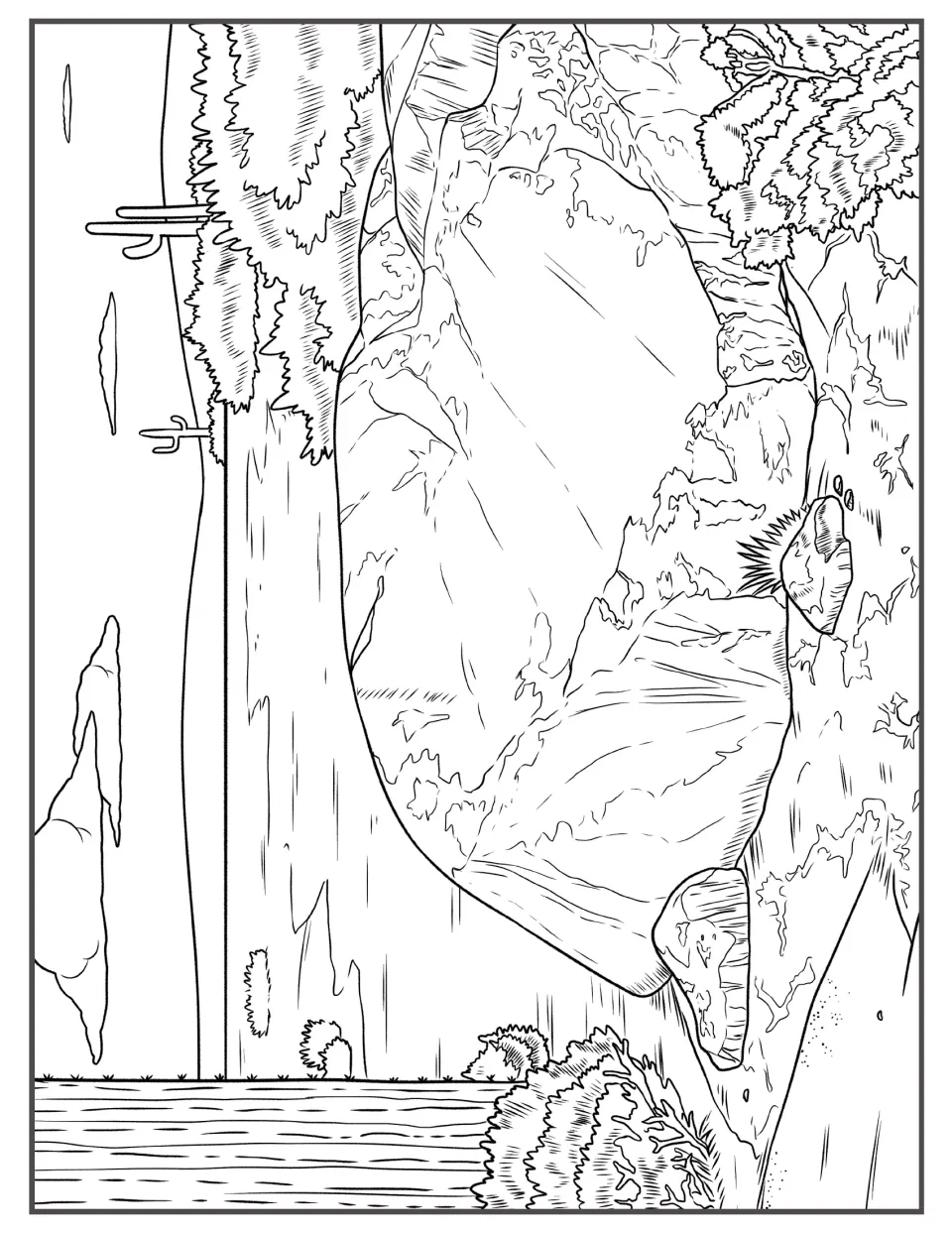 Desert boulder scene to color: a huge rock beside leafy shrubs, with small saguaros and clouds along the far horizon