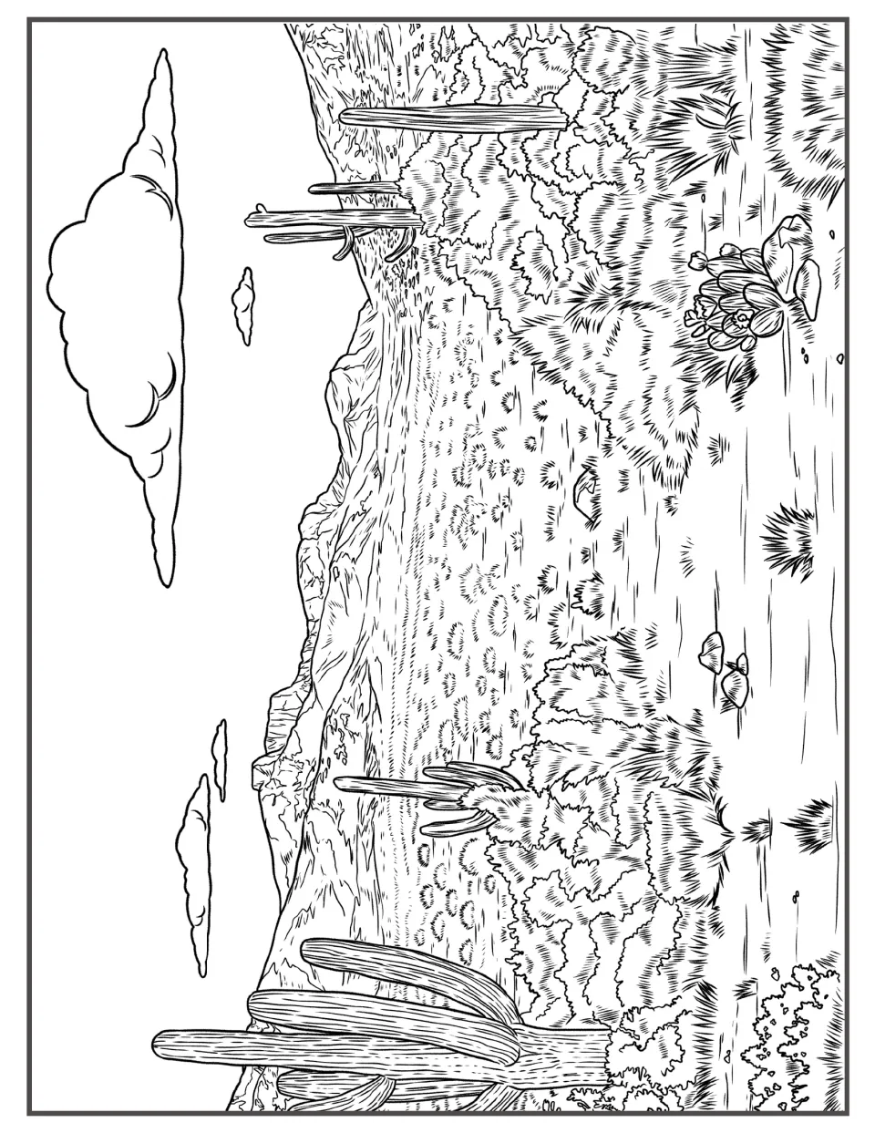 Saguaro valley scene to color: tall branching cacti, dense scrub and a flowering cactus below a rocky ridge and cloud