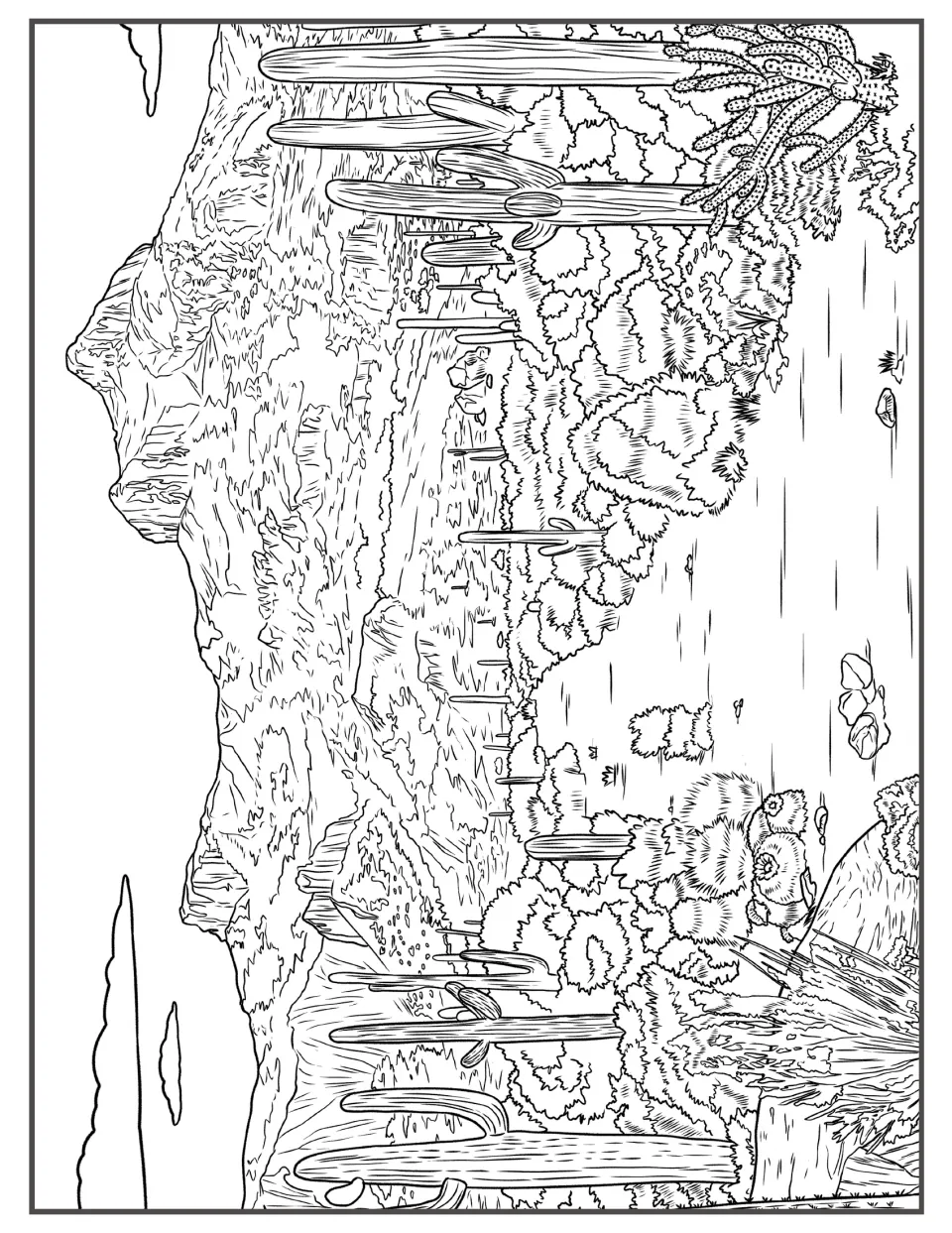 Mountain slope scene to color: a rugged peak above rows of saguaros, round shrubs and a spiny cholla in the foreground
