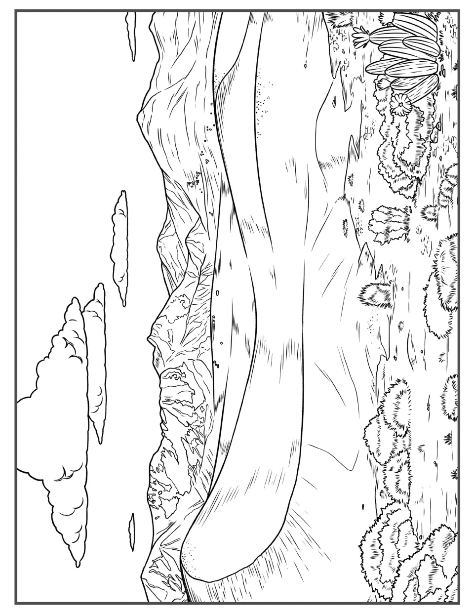 Sand dune landscape to color: a sweeping dune in front of craggy mountains, with bushes and a blooming cactus nearby