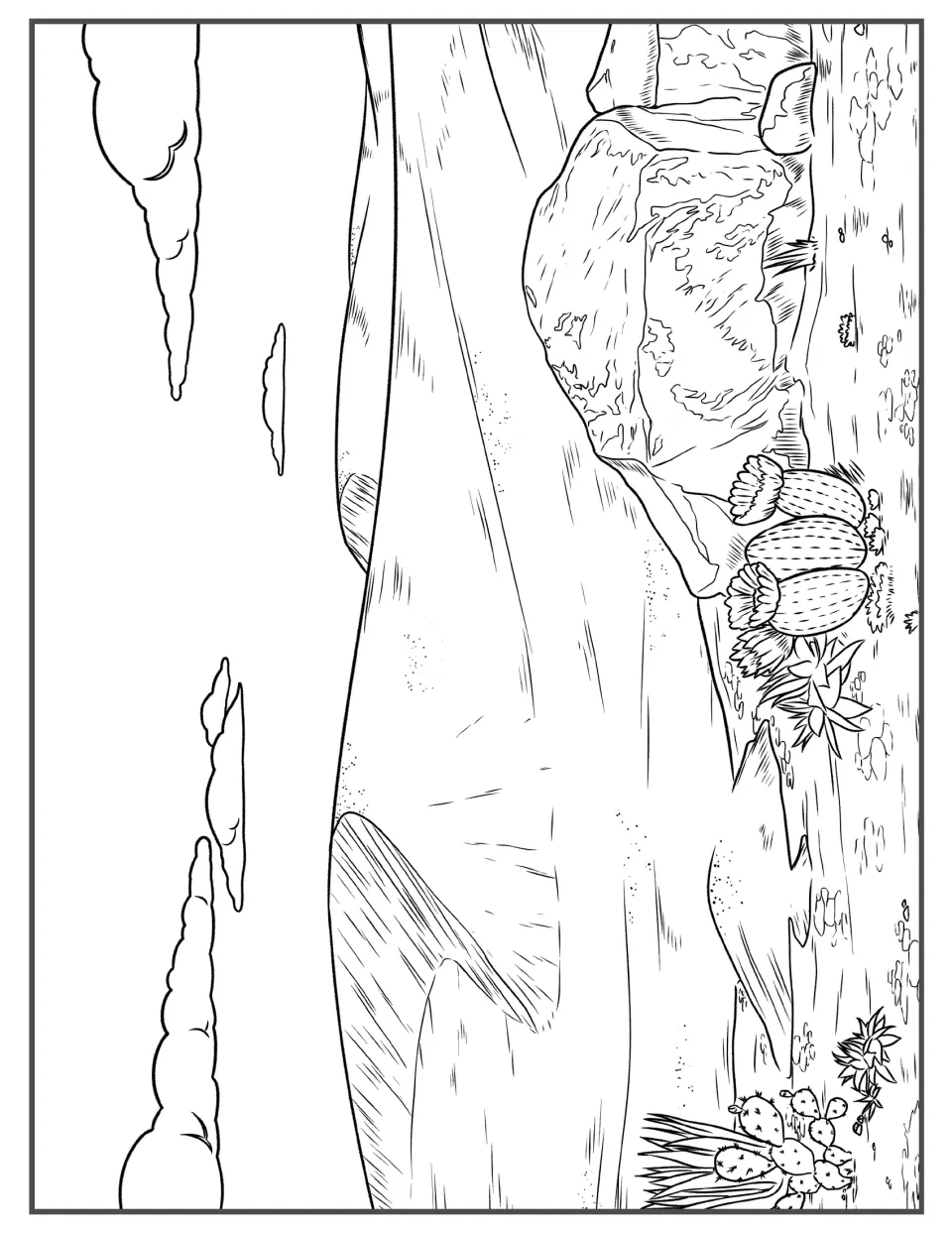 Dunes and boulder scene to color: rolling sand hills, a big rock, flowering barrel cacti and prickly pear in the front