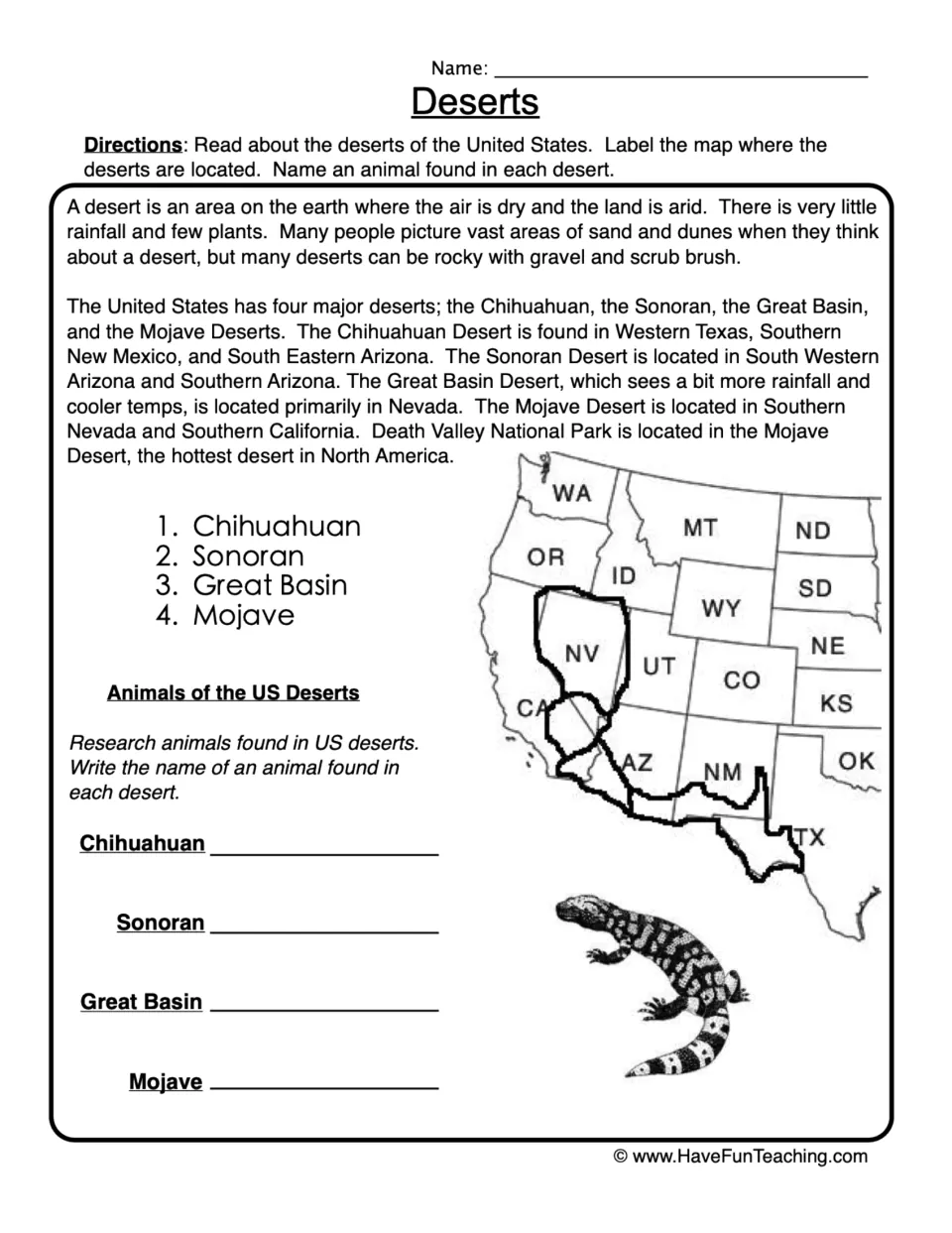 US deserts reading: students label the Chihuahuan, Sonoran, Great Basin and Mojave on a map and name an animal for each