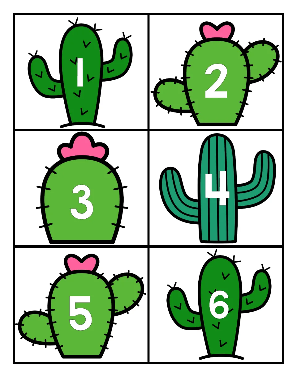 Numerals 1 to 6 on six cactus cards with white digits, for cutting apart and practising number recognition