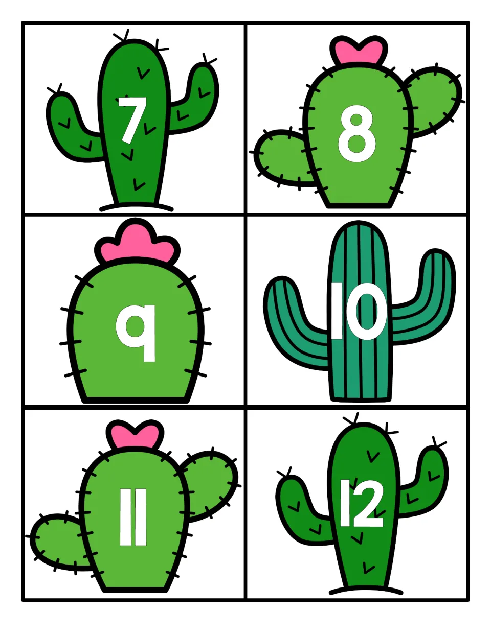 Numerals 7 to 12 printed on six cactus cards, each a different cactus, for students to identify and order