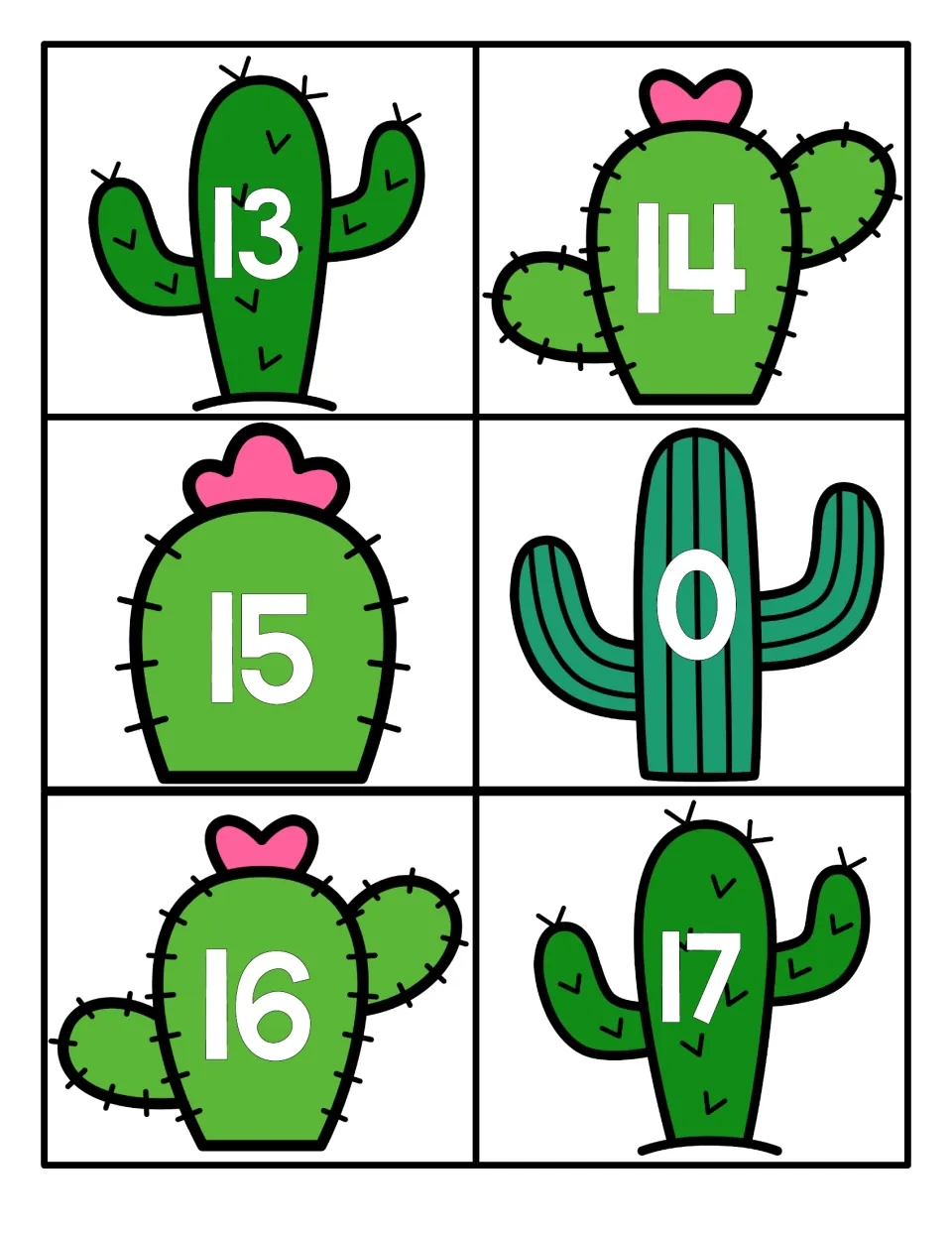 Numerals 13 to 17 plus a 0 card on cacti, extending the set for students reading and sequencing teen numbers