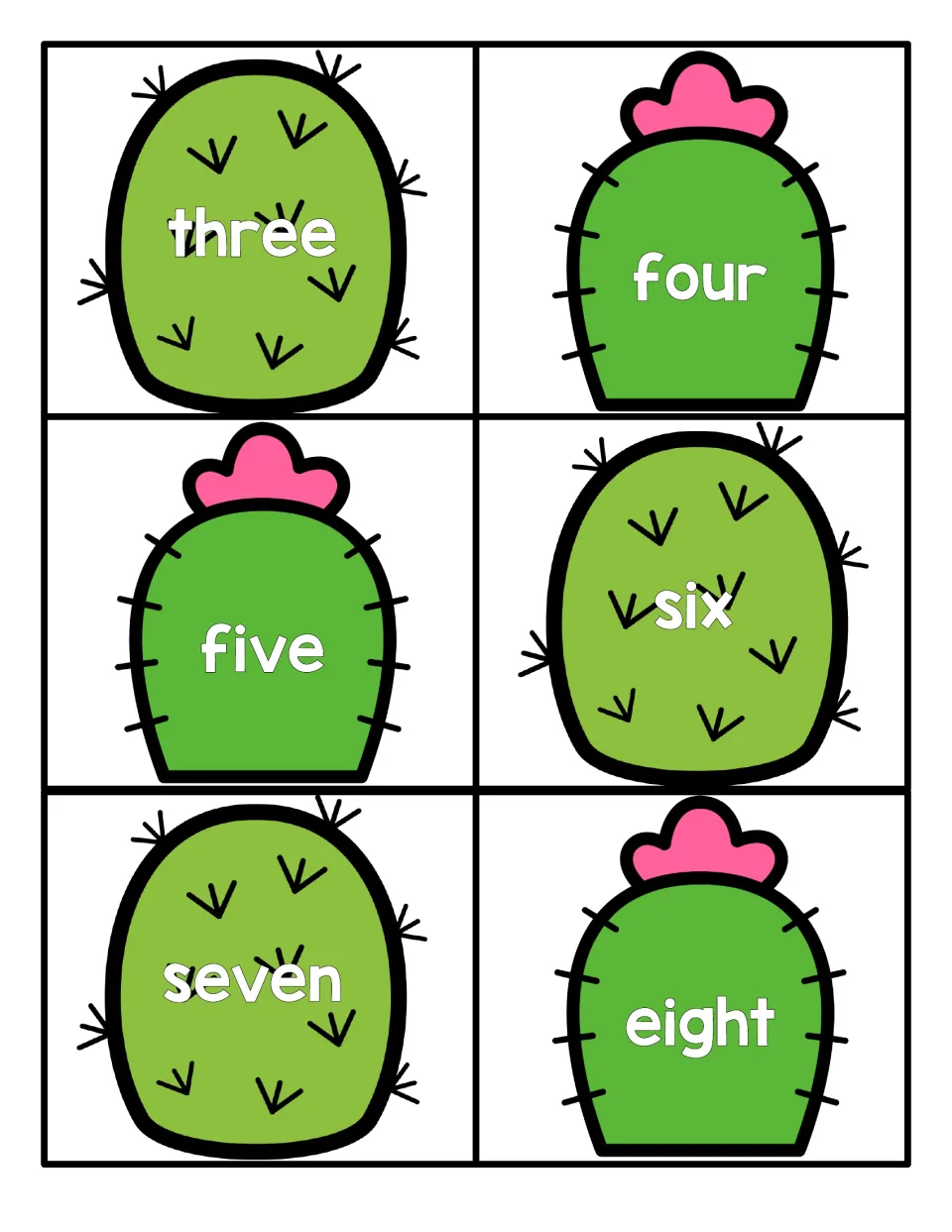 Number word cards three through eight on round and flowering cacti, for students to read and match to numerals
