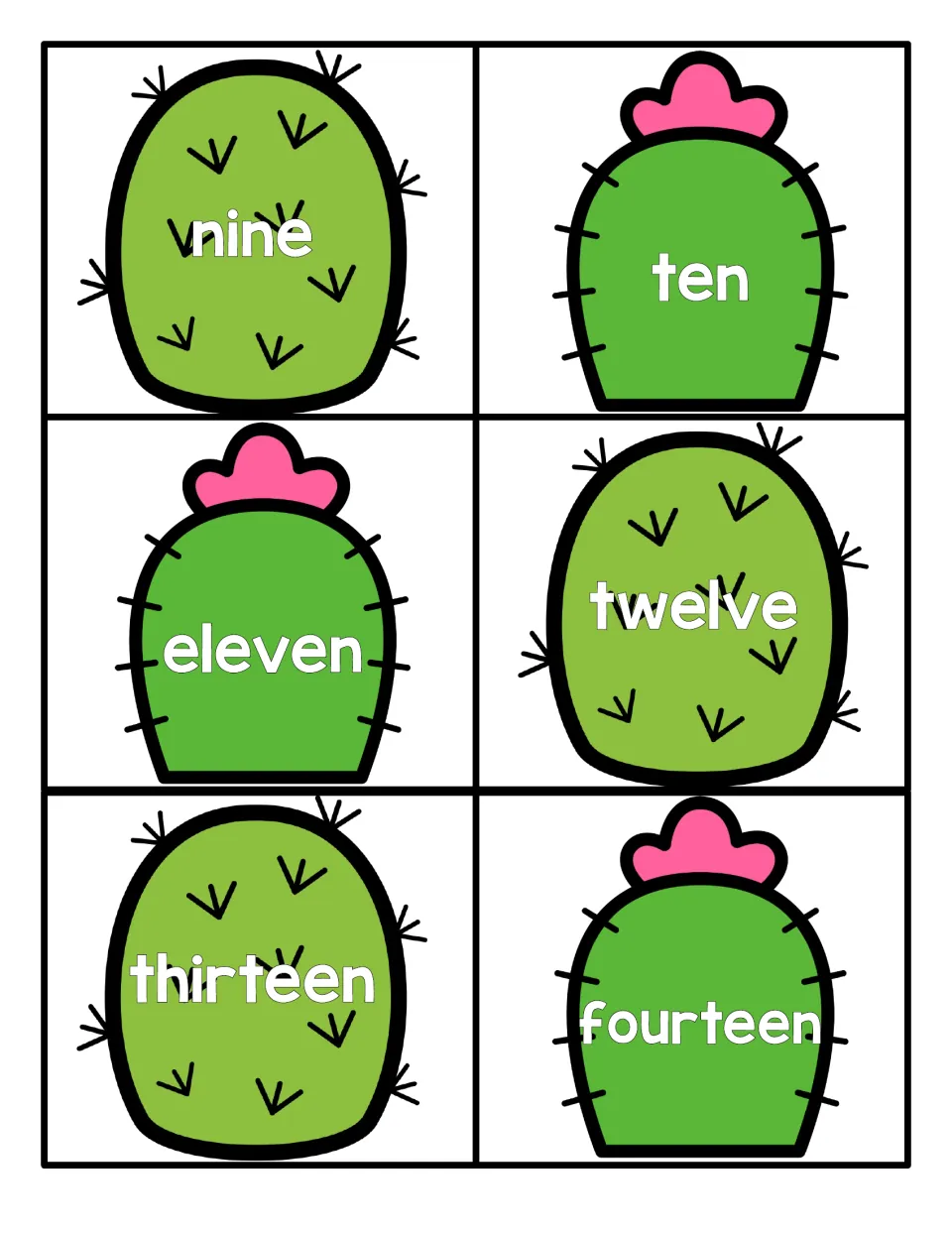 Number words nine, ten, eleven, twelve, thirteen and fourteen on cacti for reading number names and matching