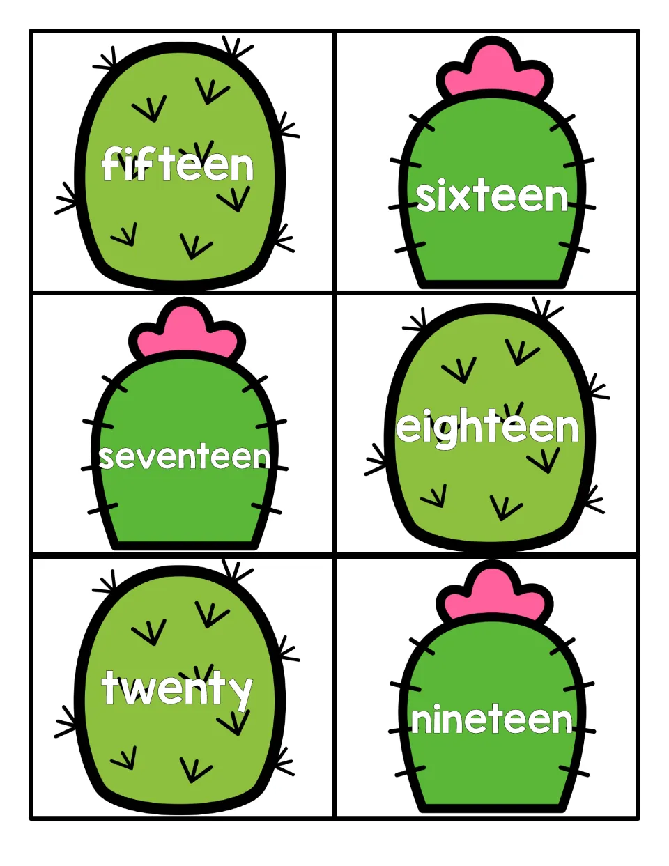 Number words fifteen through twenty on cactus cards, completing the word set for matching teen number names