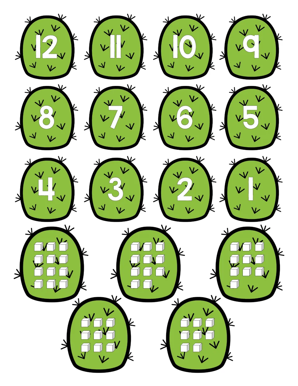 Cactus number cards: numerals 12 down to 1, plus cactus cards showing 12, 11, 10, 9 and 8 cubes for counting and matching
