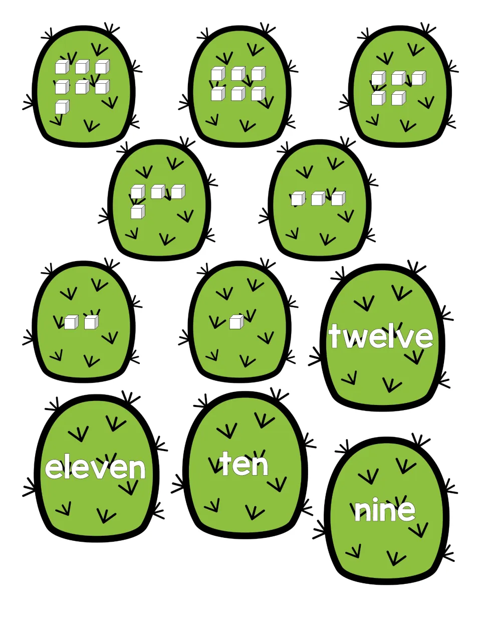 Cactus counting cards showing 7 down to 1 cubes, plus number word cards twelve, eleven, ten and nine for matching