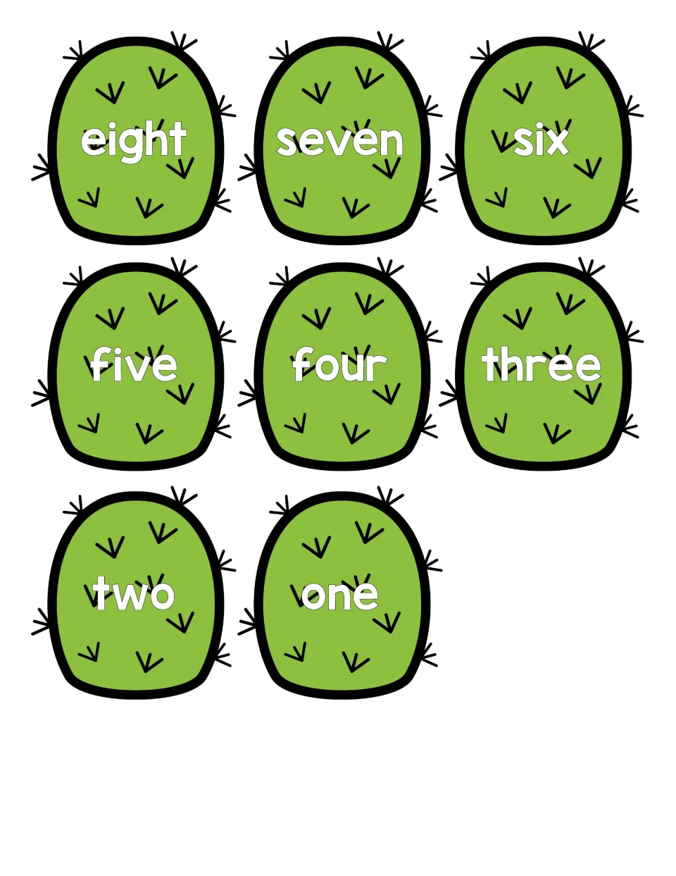 Number word cactus cards eight, seven, six, five, four, three, two and one for students to read and match to numerals