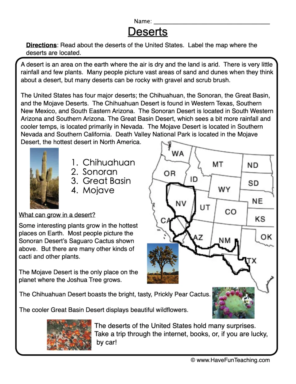 US deserts reading: students read about the Chihuahuan, Sonoran, Great Basin and Mojave and label them on a map