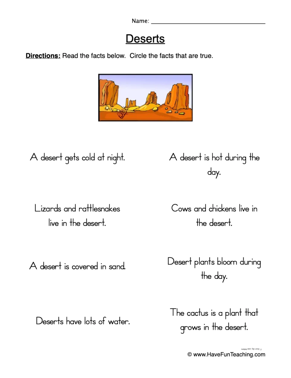 Deserts facts: students read 8 statements about desert climate, animals, plants and water and circle the true ones