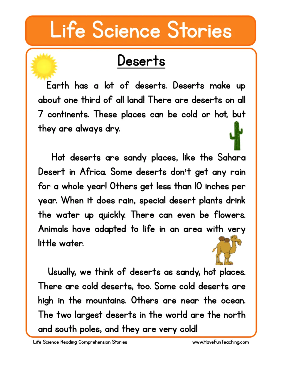 Reading passage about deserts on all seven continents, low rainfall, plant adaptations, and cold deserts.