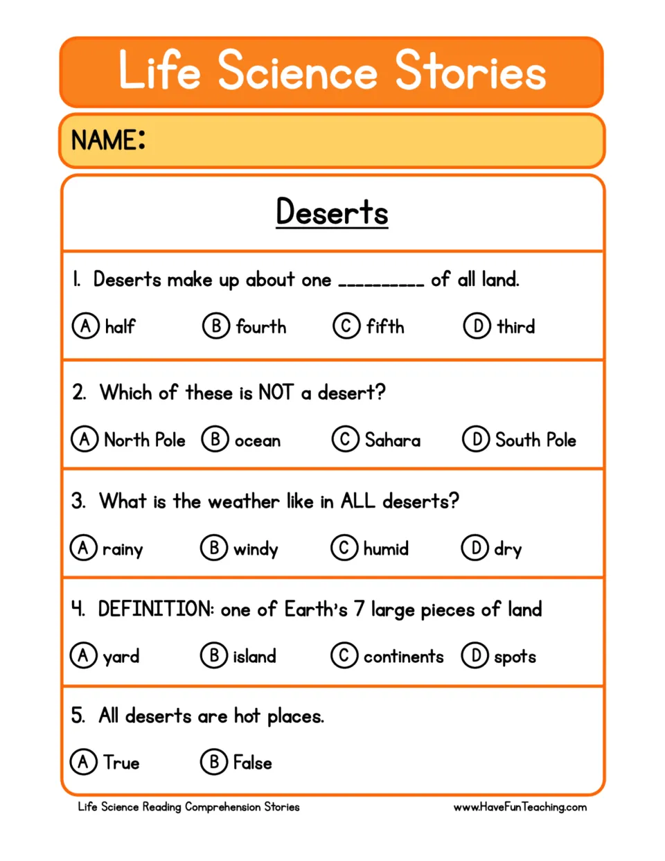 Five comprehension questions on desert land coverage, examples, dry weather, continents, and temperature.