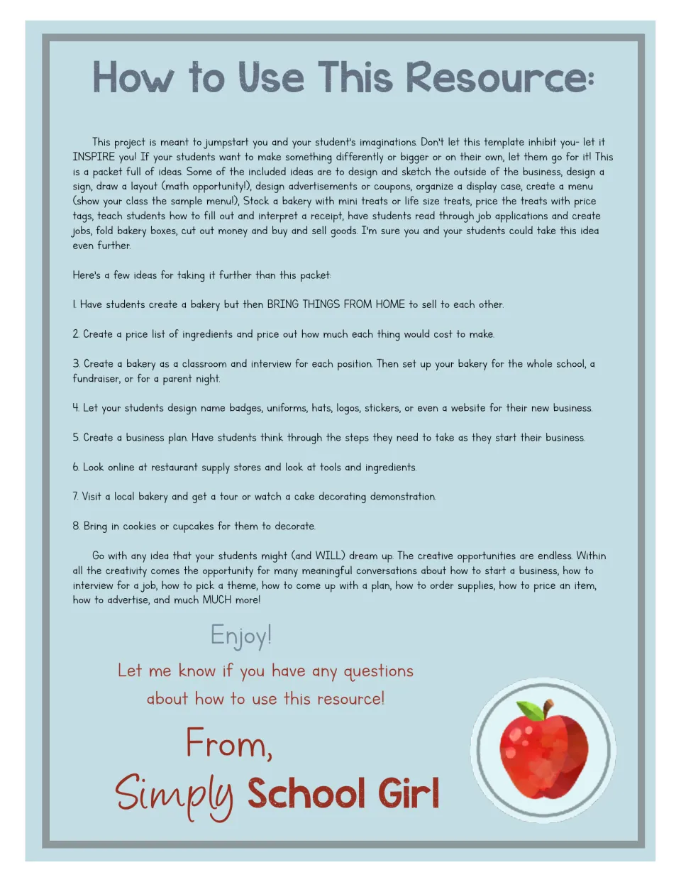 Teacher notes on using the bakery project: ideas for menus, signs and receipts, plus eight ways to extend it
