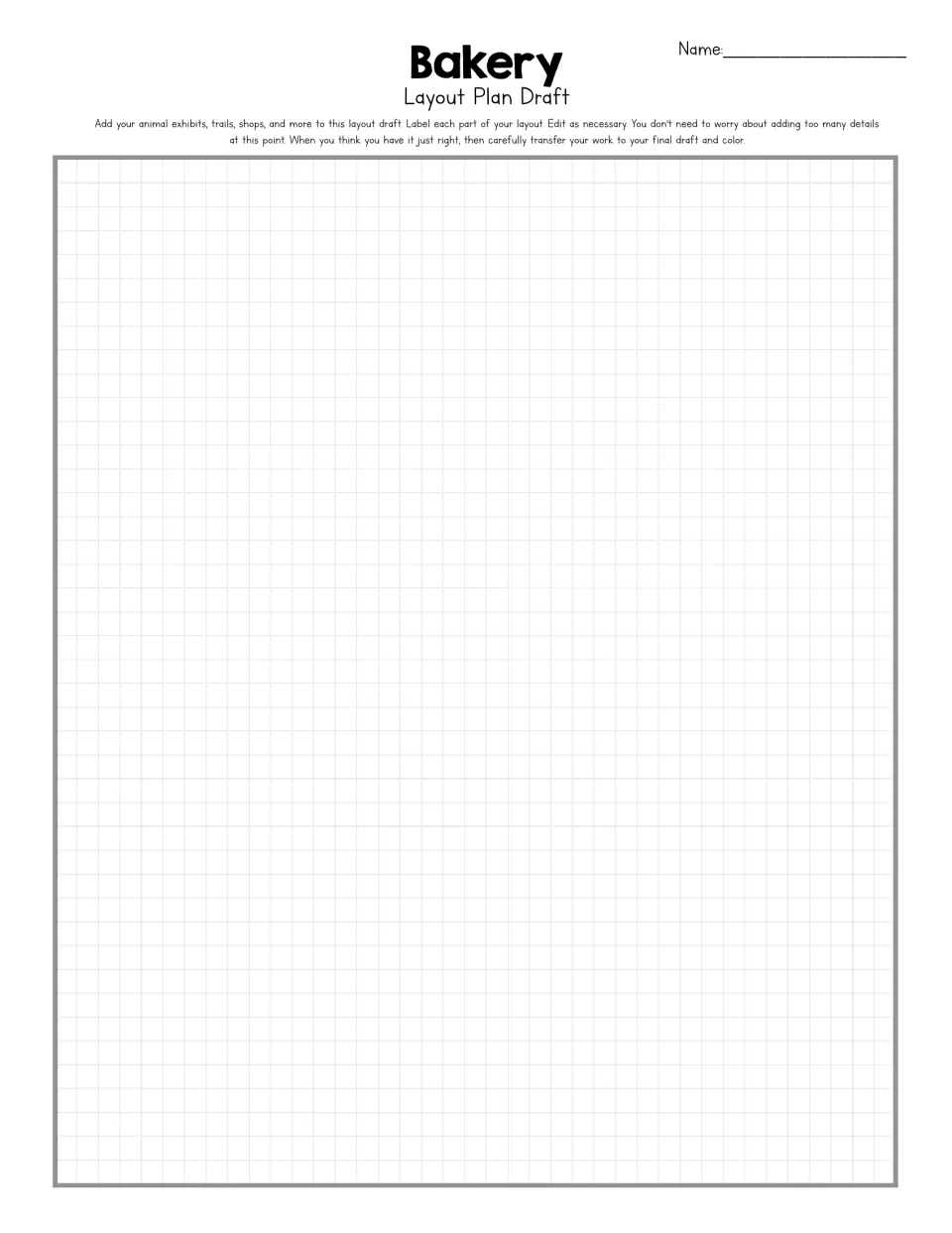 Bakery layout plan draft: students sketch and label each part of their bakery floor plan before a final draft