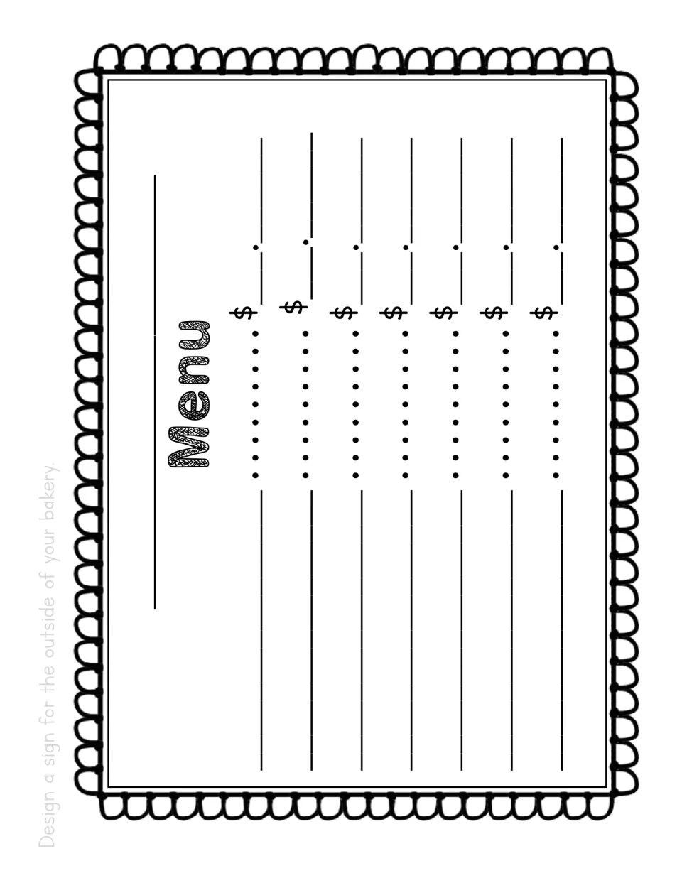 Bakery menu sign: students write the bakery name, seven treat names and dollar prices on a scalloped-border menu