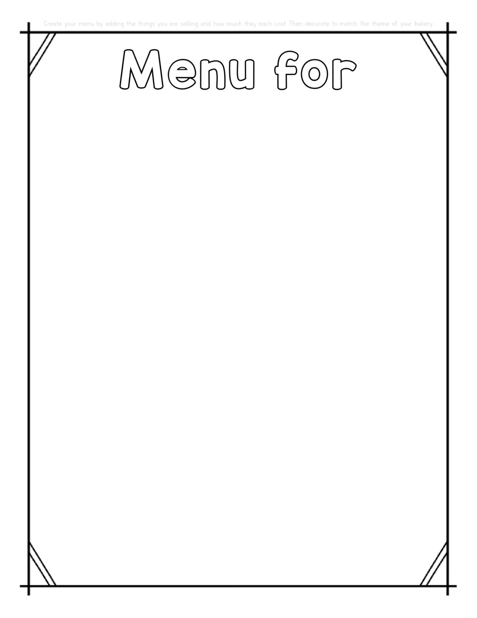 Bakery menu: students list the treats they sell with each price, then decorate the menu to fit their bakery theme