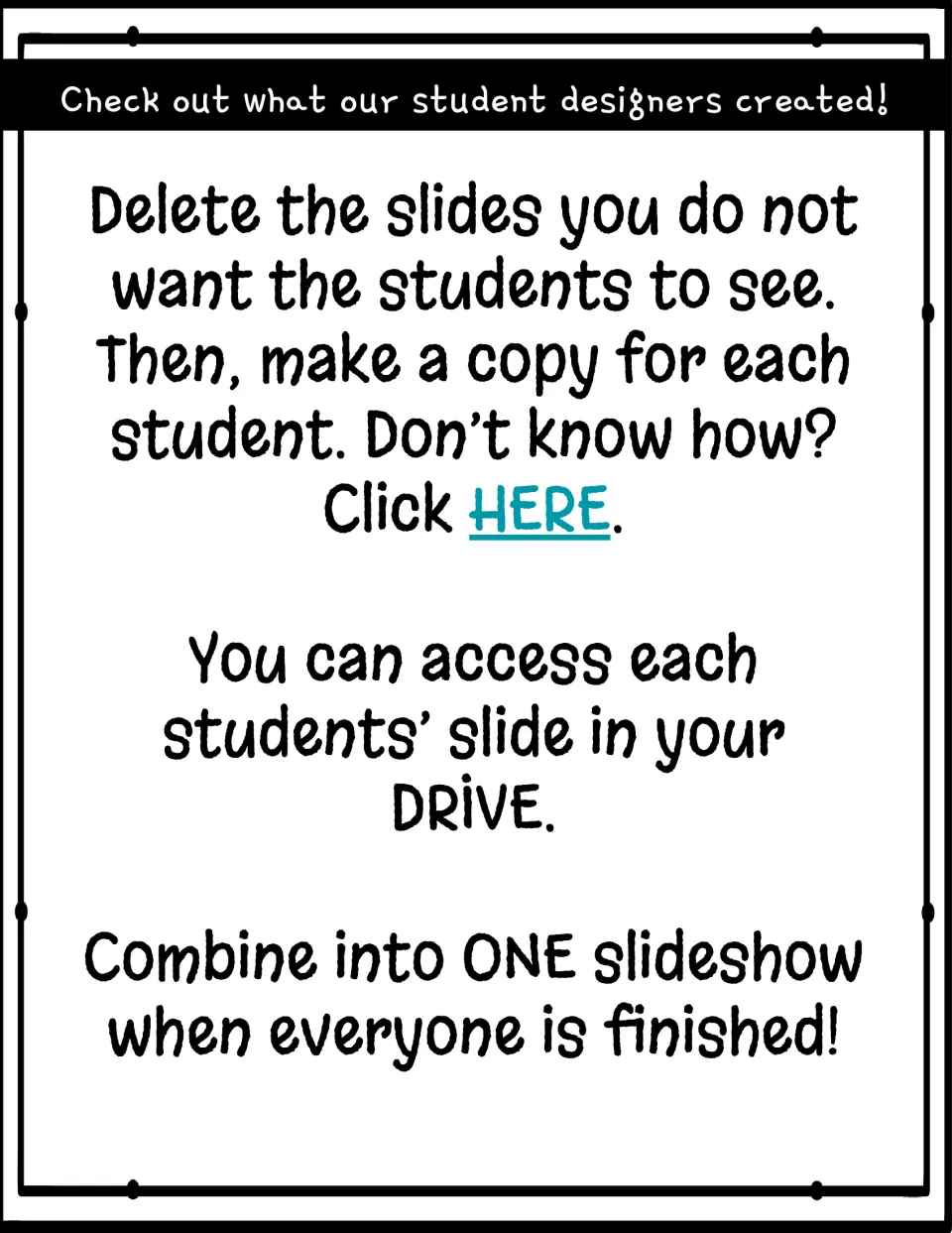 Digital setup steps: delete unwanted slides, copy one per student, find each slide in Drive, combine into one slideshow