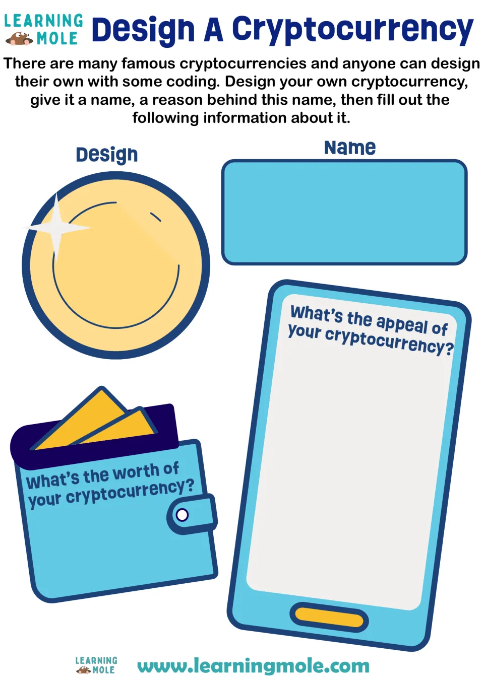 Invent a cryptocurrency: students draw a coin, give it a name and reason, and explain its appeal and what it is worth