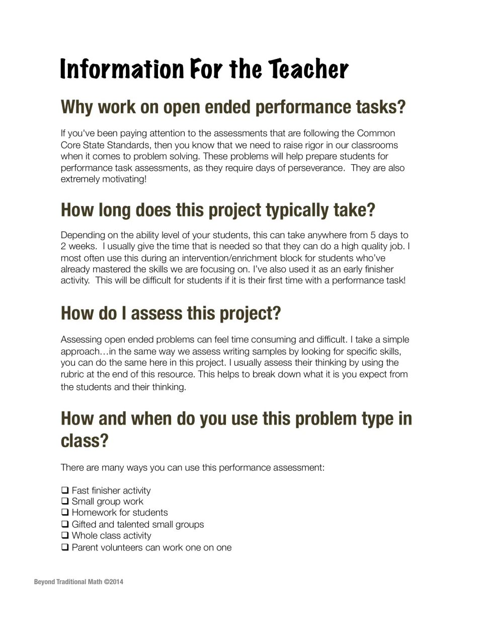 Teacher notes on open-ended performance tasks: why to use them, 5-day to 2-week timing, rubric assessment and class uses
