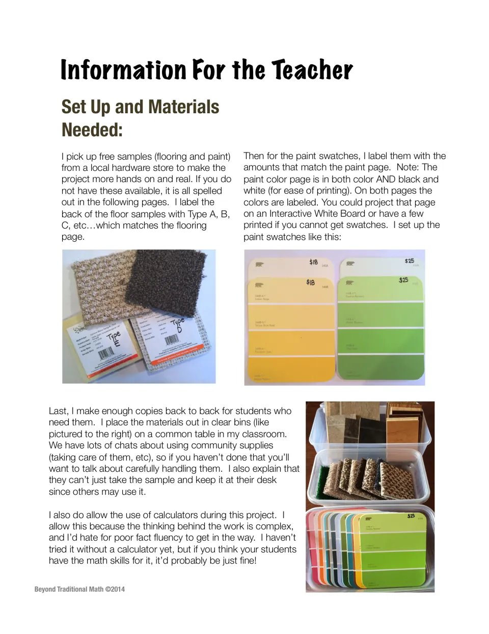 Teacher setup notes: labeling hardware-store flooring and paint samples, storing them in bins, and allowing calculators