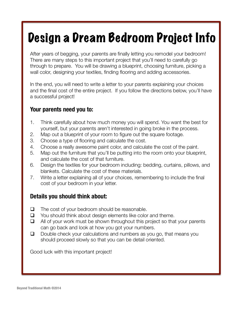 Bedroom remodel project brief: students plan a blueprint, flooring, paint, furniture and textiles, then write a cost letter