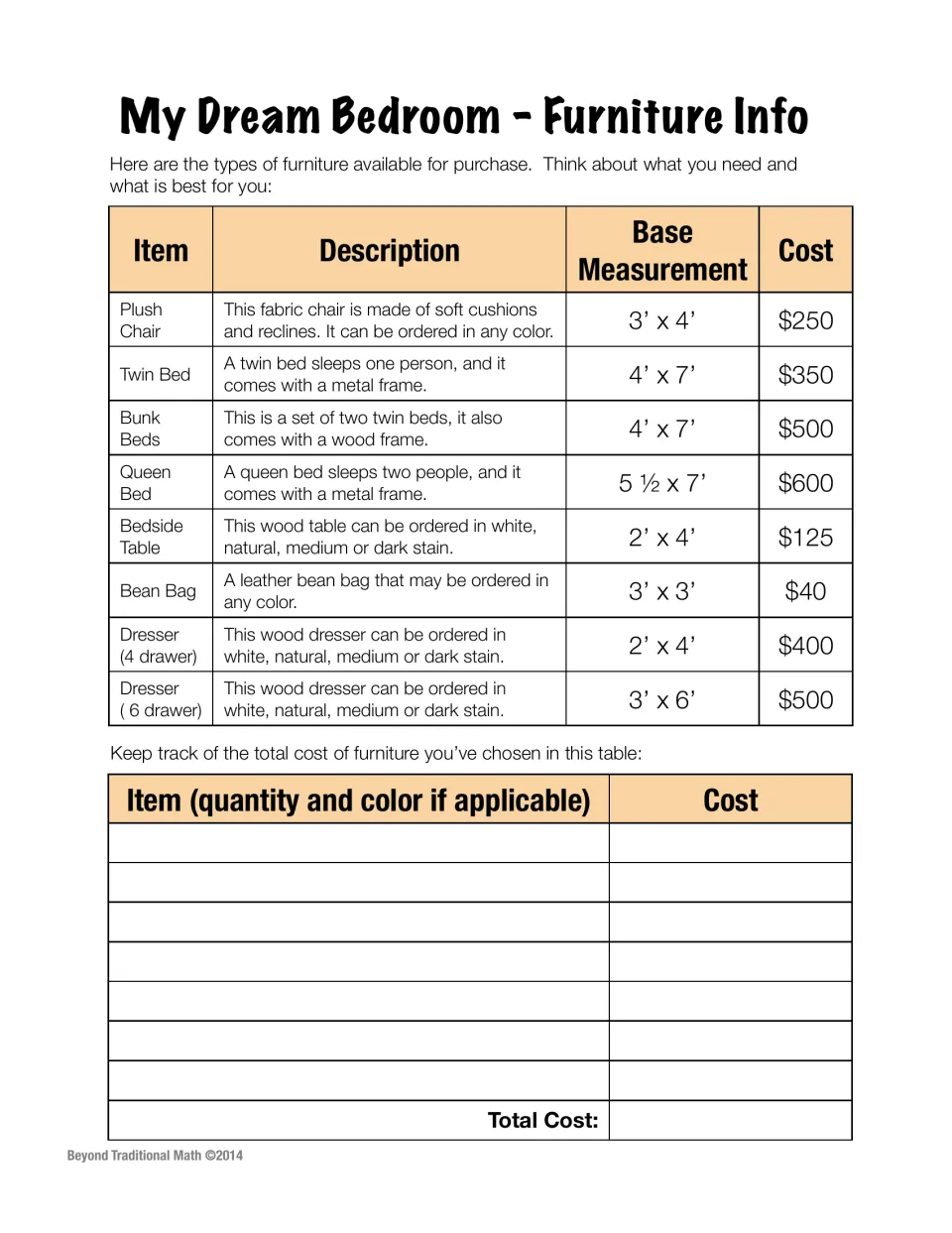 Furniture price list with base measurements and costs for beds, chairs and dressers; students record chosen items and total