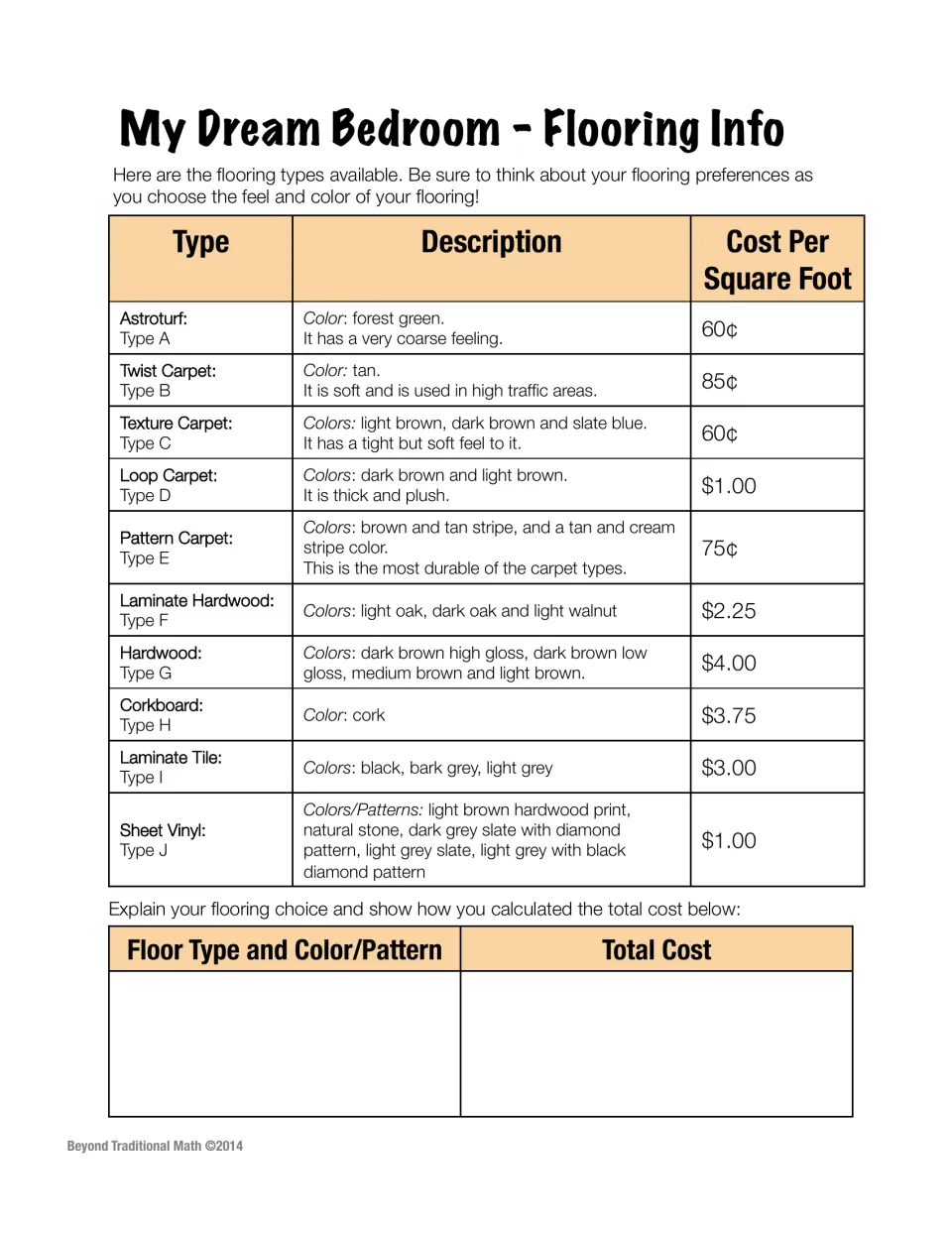 Flooring price list, Types A to J, priced per square foot; students pick a floor and calculate its total cost from area
