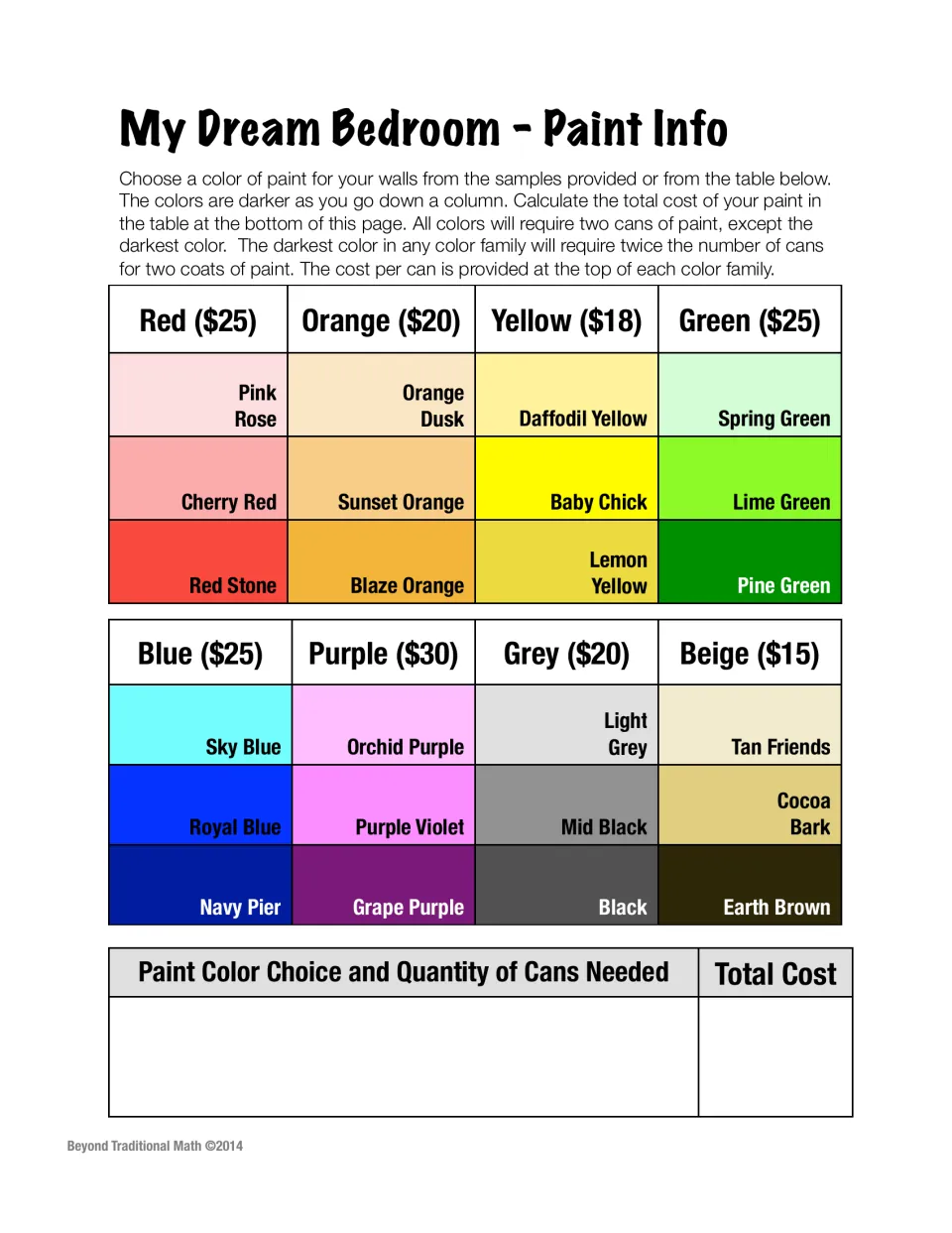 Paint options: eight families from Red to Beige, each priced per can; students pick a wall hue and figure cans and total