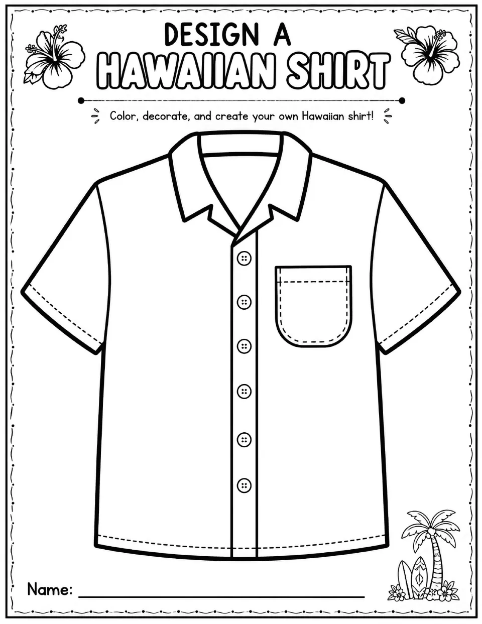 Hawaiian shirt template: students color and decorate a blank button-up shirt with a pocket, then write their name