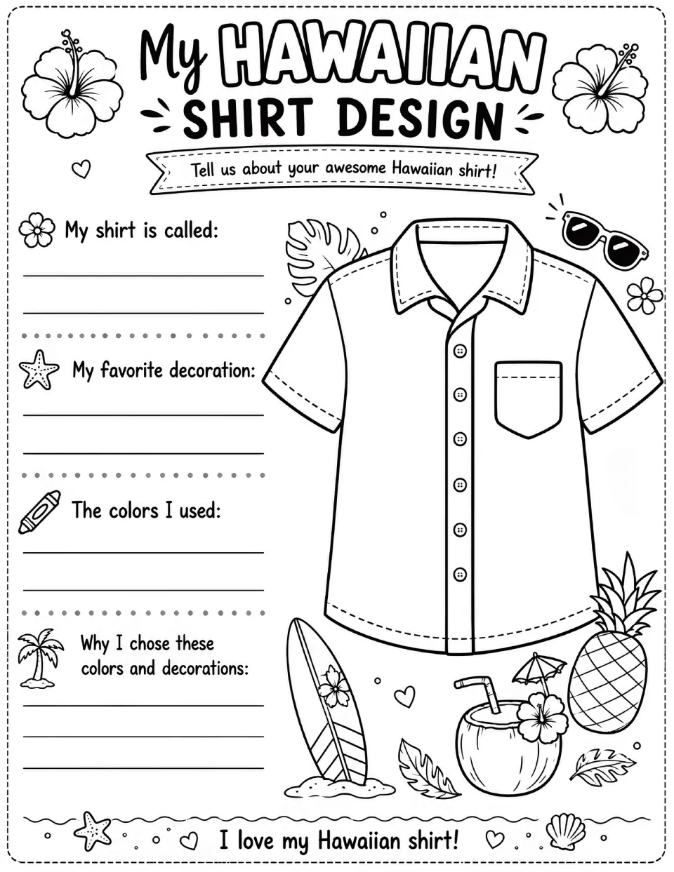 Shirt design reflection: students write their shirt's name, favorite decoration, colors used and why they chose them